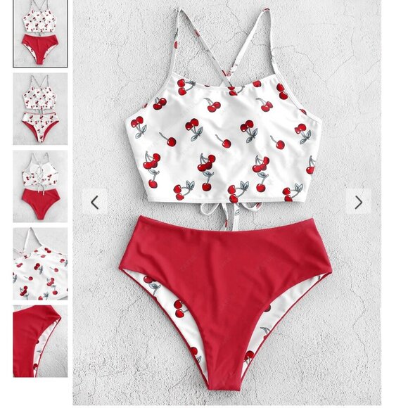 Zaful Cherry Reversible Swimsuit 2-piece bikini red white size large - Picture 1 of 13